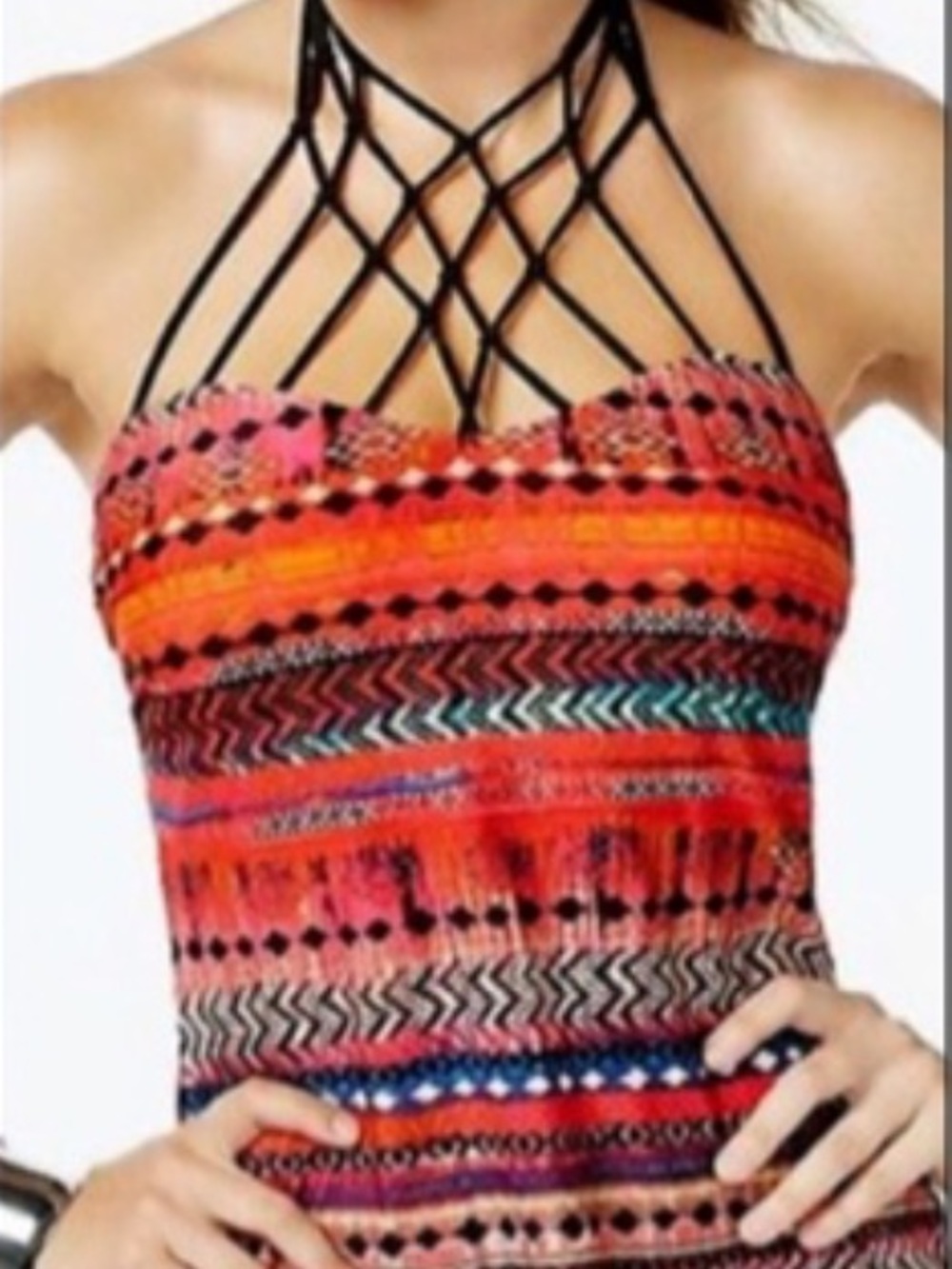 Island Escape Tankini Strappy Womens Size 12 Swimwear top Padded Black Orange